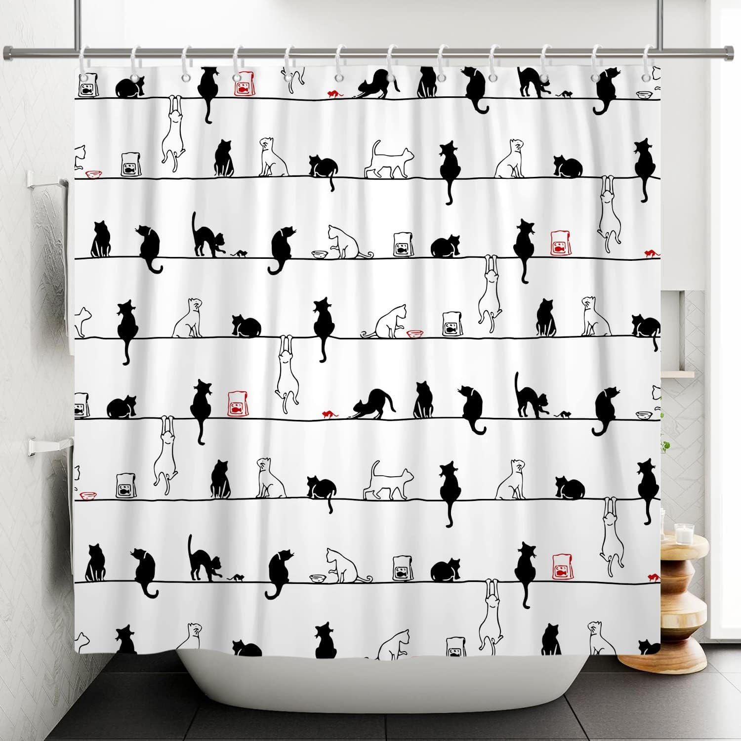 DUSCHVORHANG lustig Katze Schwarz Tier schlicht mit Haken Badezimmer - Weiß, Textil (180/180cm) - MCBOSON