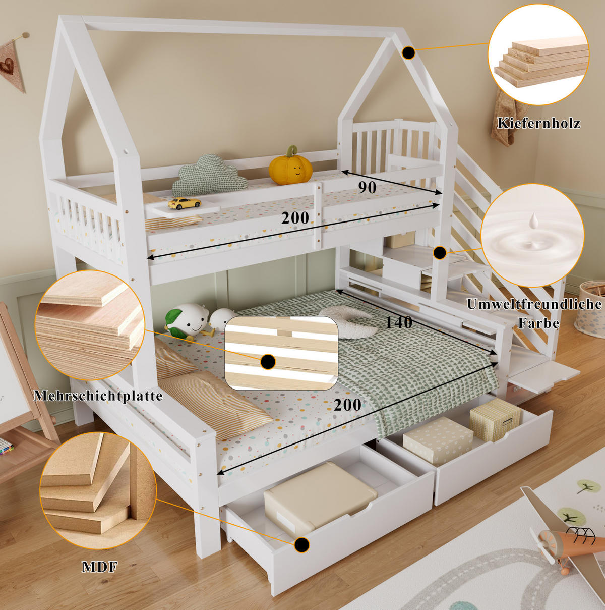 ETAGENBETT Kinderbett mit Treppenschrank, 2 Schubladen, Weiß, 90/200 cm & 140/200 cm - Weiß, Holz (140/200cm) - MIVRAY