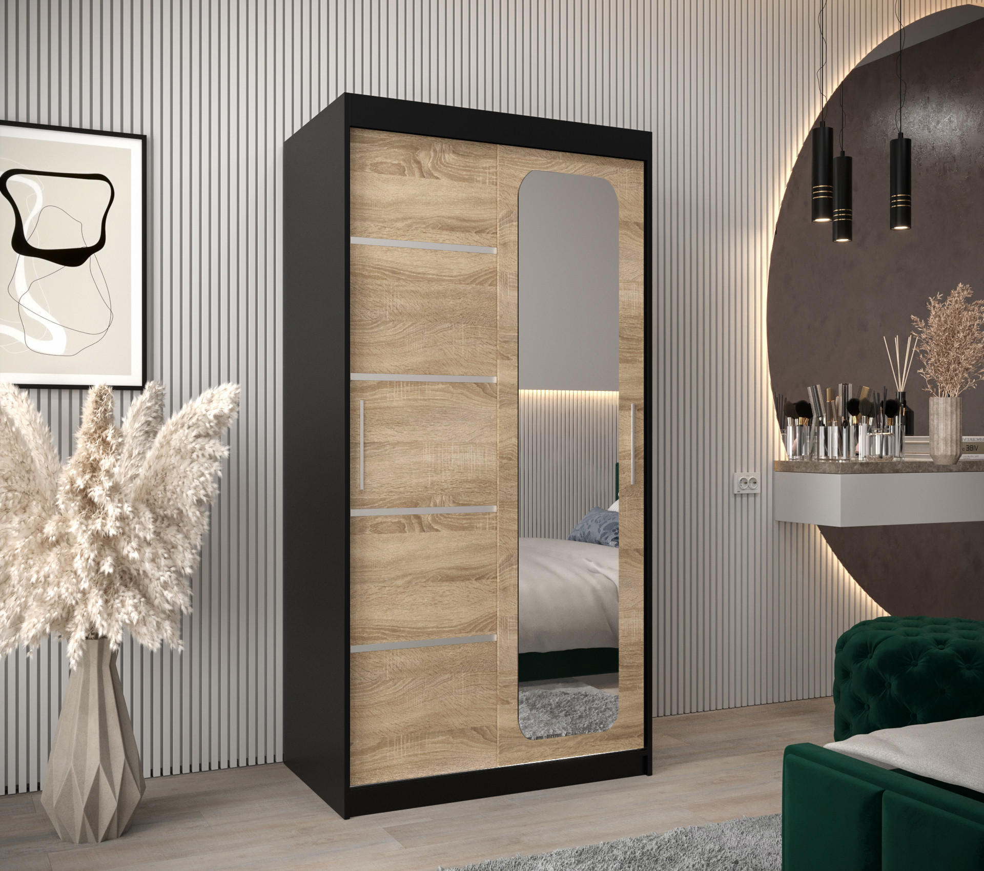SCHWEBETÜRENSCHRANK 200/100/62 2-türig - Silberfarben/Schwarz, Holz/Kunststoff (100/200/62cm) - Abiks Möbel