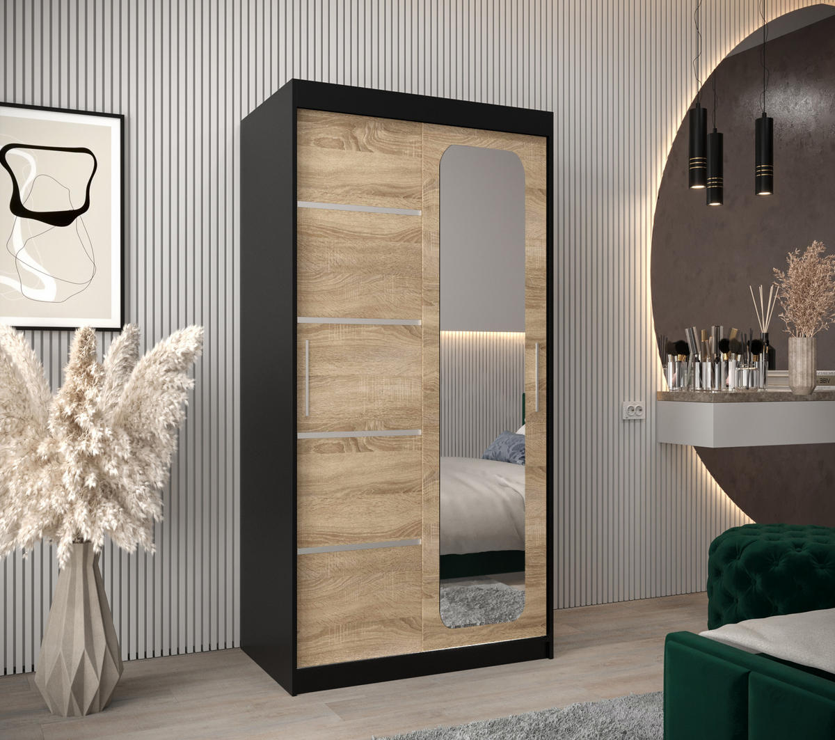 SCHWEBETÜRENSCHRANK 200/100/62 2-türig - Silberfarben/Schwarz, Holz/Kunststoff (100/200/62cm) - Abiks Möbel