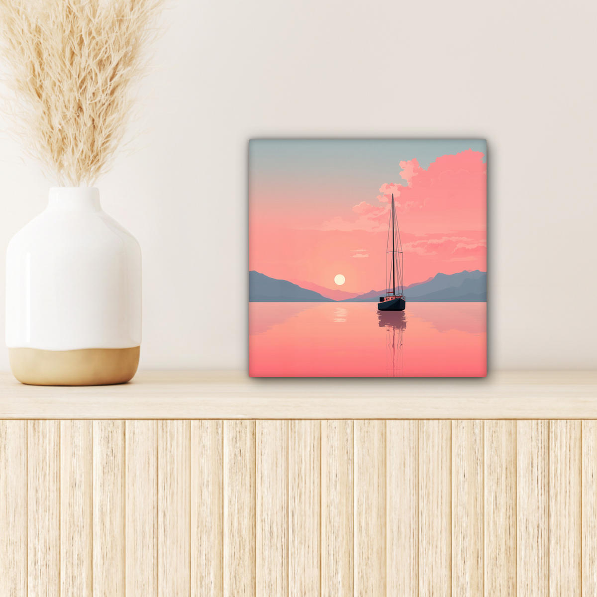 LEINWANDBILD Segelboot - Rosa Meer - Sonnenuntergang - Berge Deko Wohnzimmer 20x20 cm - Rosa, Textil (20/20cm) - MuchoWow