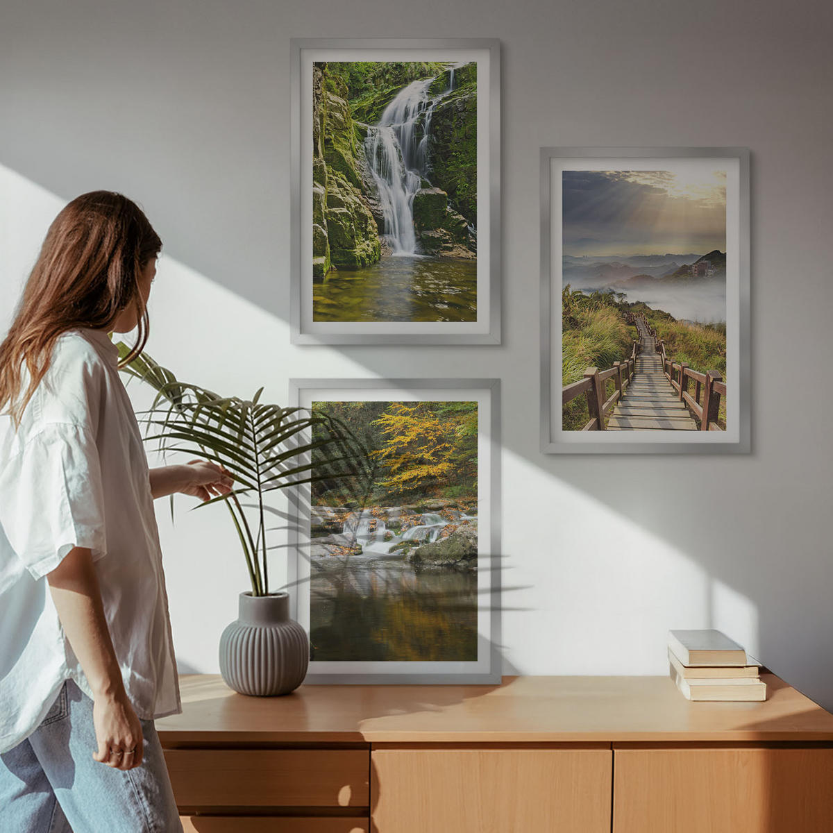 BILDER SET 3er Set - 40x60 cm Silberner Rahmen - Wasserfälle, Berge, Wolken, Herbst - Silberfarben, Kunststoff (40/60cm) - TULUP