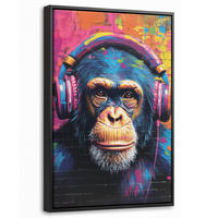 LEINWAND Bilder mit Rahmen - Graffiti - Schimpanse - Straßenkunst - Kopfhörer - Affe - 40x60 - Blau, Textil (40/60cm) - MuchoWow