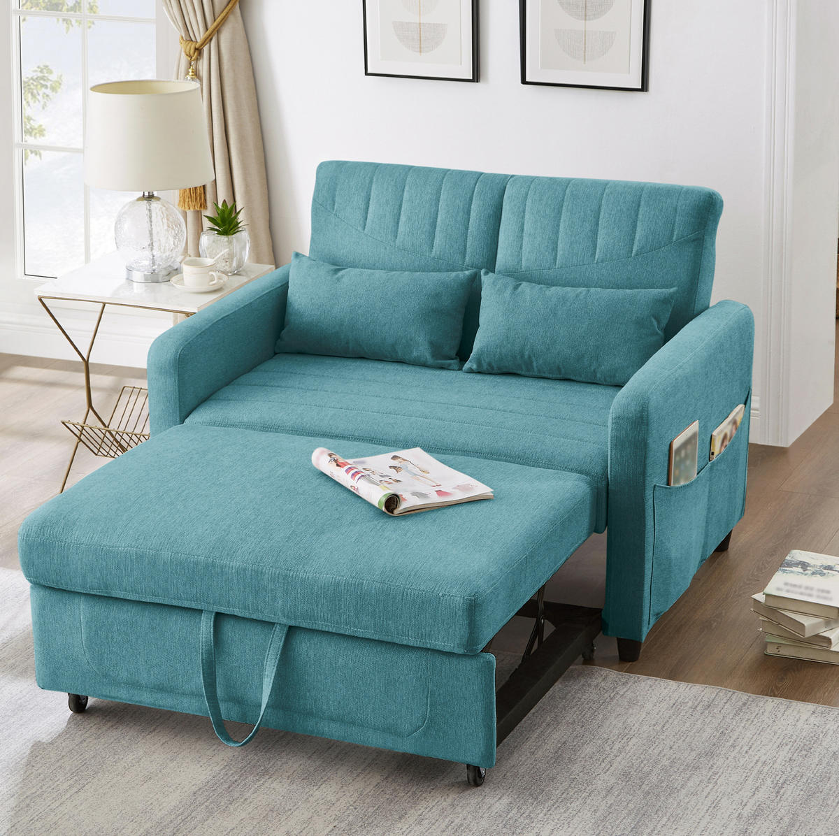 SCHLAFSOFA Baumwoll-Leinen mit Ausziehfunktion und verstellbarer Rückenlehne Antik Blaugrün 114/77/82,5 cm - Türkis, Textil (77/82.5/114cm) - Redom