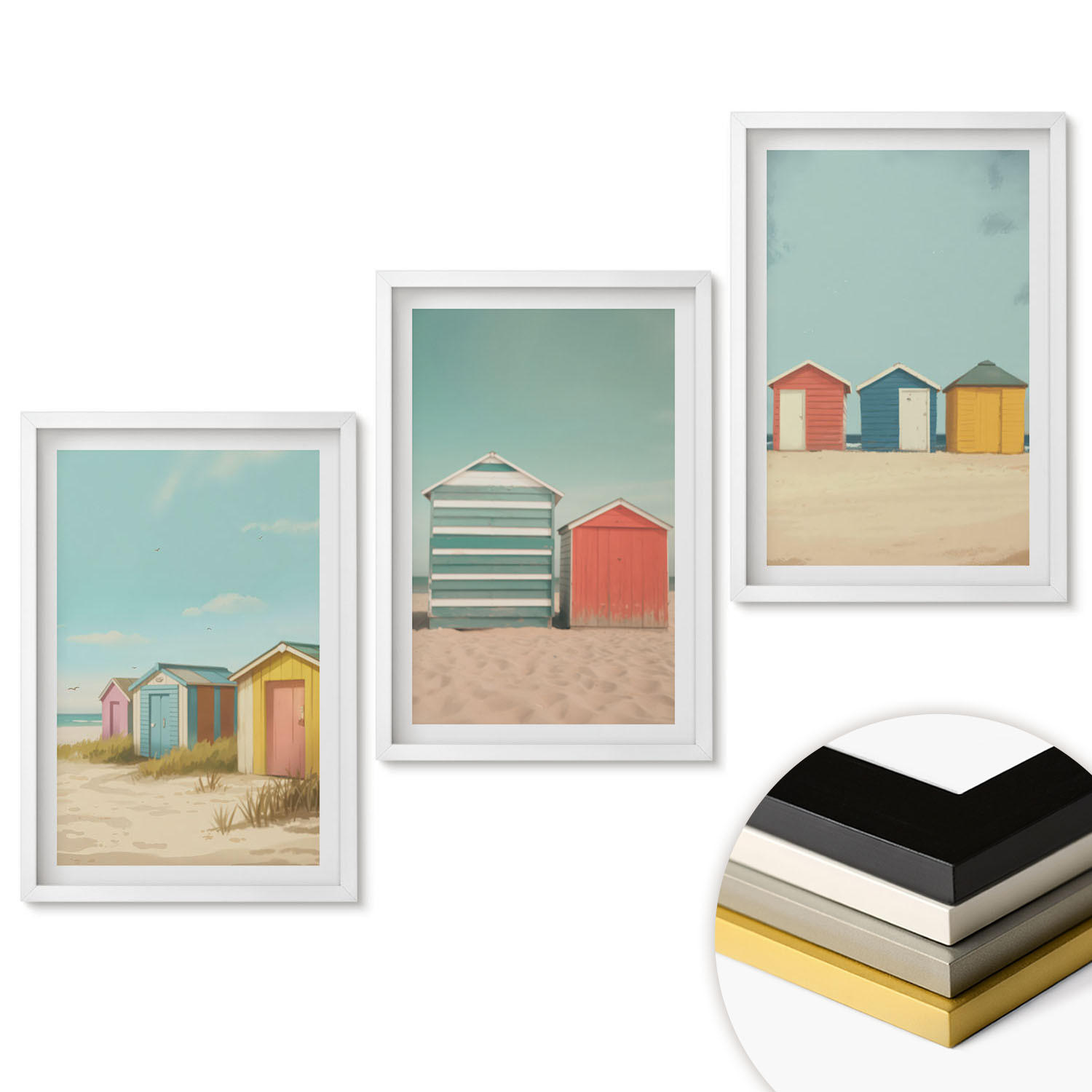 WANDBILDER 3er-Set - 40x60 cm Weißer Rahmen - Bunte Häuser, Strand, Sonne - Weiß, Kunststoff (40/60cm) - ArtPrintCave