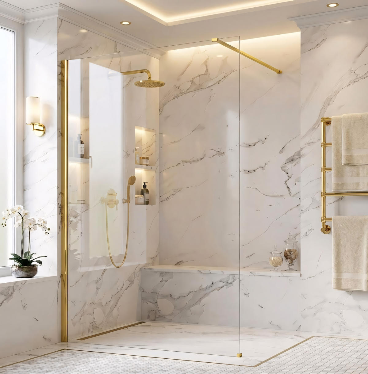 DUSCHWAND Rea Flexi Transparent / Gold 120 - Goldfarben, Glas (120/120/195cm) - REA