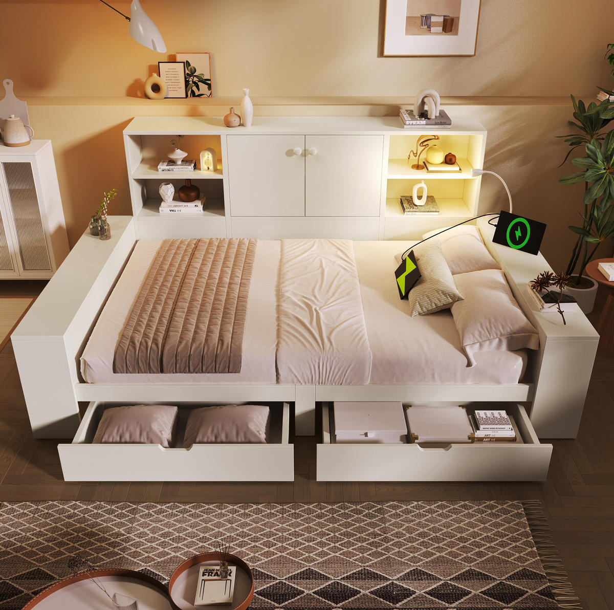 JUGENDBETT Stauraumbett 140/200 cm aus MDF und Sperrholz mit USB-Anschlüssen und Schubladen Weiß - Weiß, Holzwerkstoff (140/200cm) - Modenvie