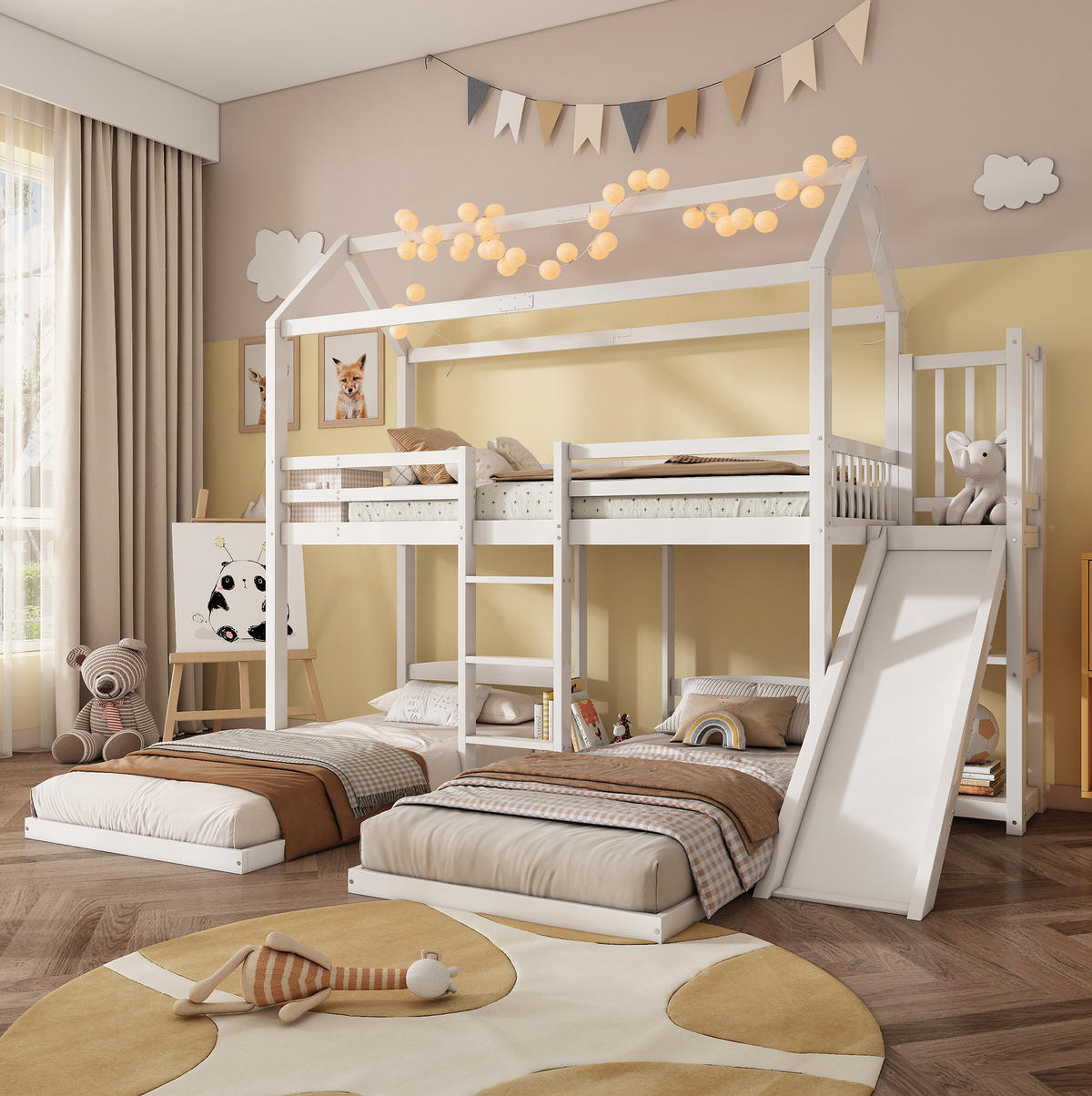 ETAGENBETT aus Kiefer und MDF 90x200 cm Weiß mit Rutsche, Leiter, Dachdesign und 3 Schlafplätzen - Weiß, Holzwerkstoff (90/200cm) - Modfu