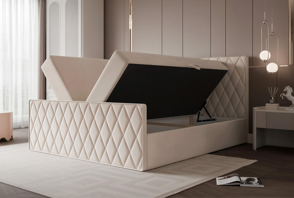 BOXBETT PONTI III 140x200 cm Cremeweiß (Samt) - mit 2 Bettkästen, Bonellmatratze und Rautensteppung - Creme, Holzwerkstoff/Textil (140/200cm) - Ravio