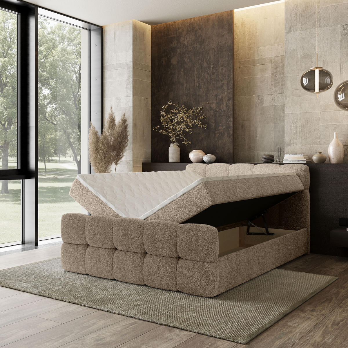 BOXBETT BRUME 180x200 cm mit Matratze und Topper, H2+H3 - Beige - Beige, Holz (180/200cm) - MASSENO