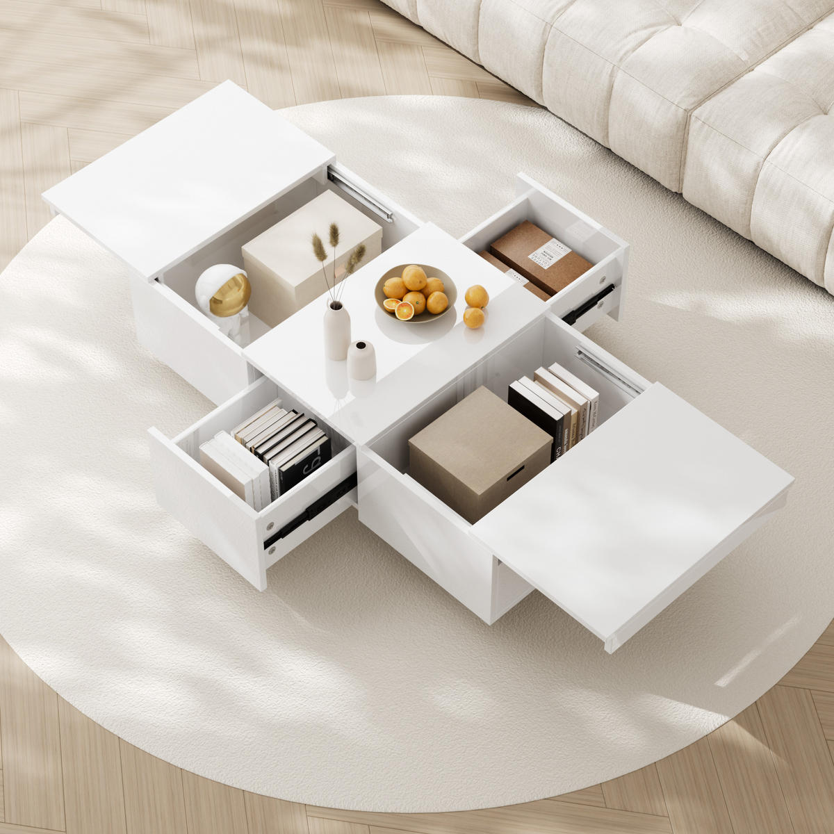 COUCHTISCH, Weiß Hochglanz, Spanplatte, Push-Pull-Stauraum mit Schubladen, 100/50/31 cm, Weiß - Weiß, Holzwerkstoff (100/50/31cm) - Redom