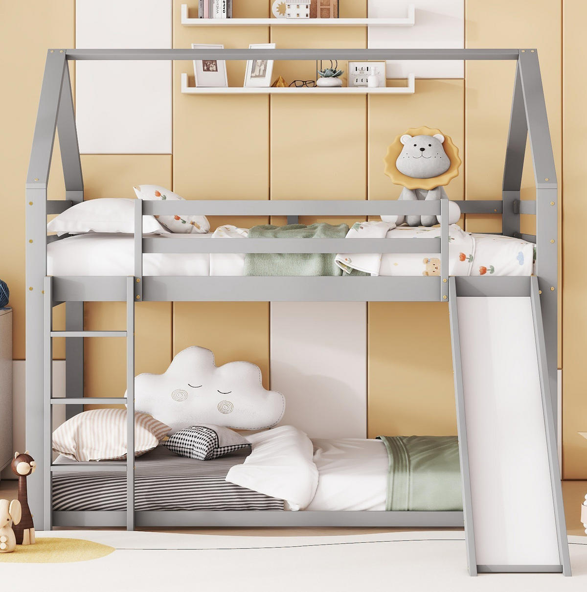 ETAGENBETT 140/200 cm Grau mit Rutsche und Leiter für Kinderzimmer - Grau, Holz (140/200cm) - OKWISH