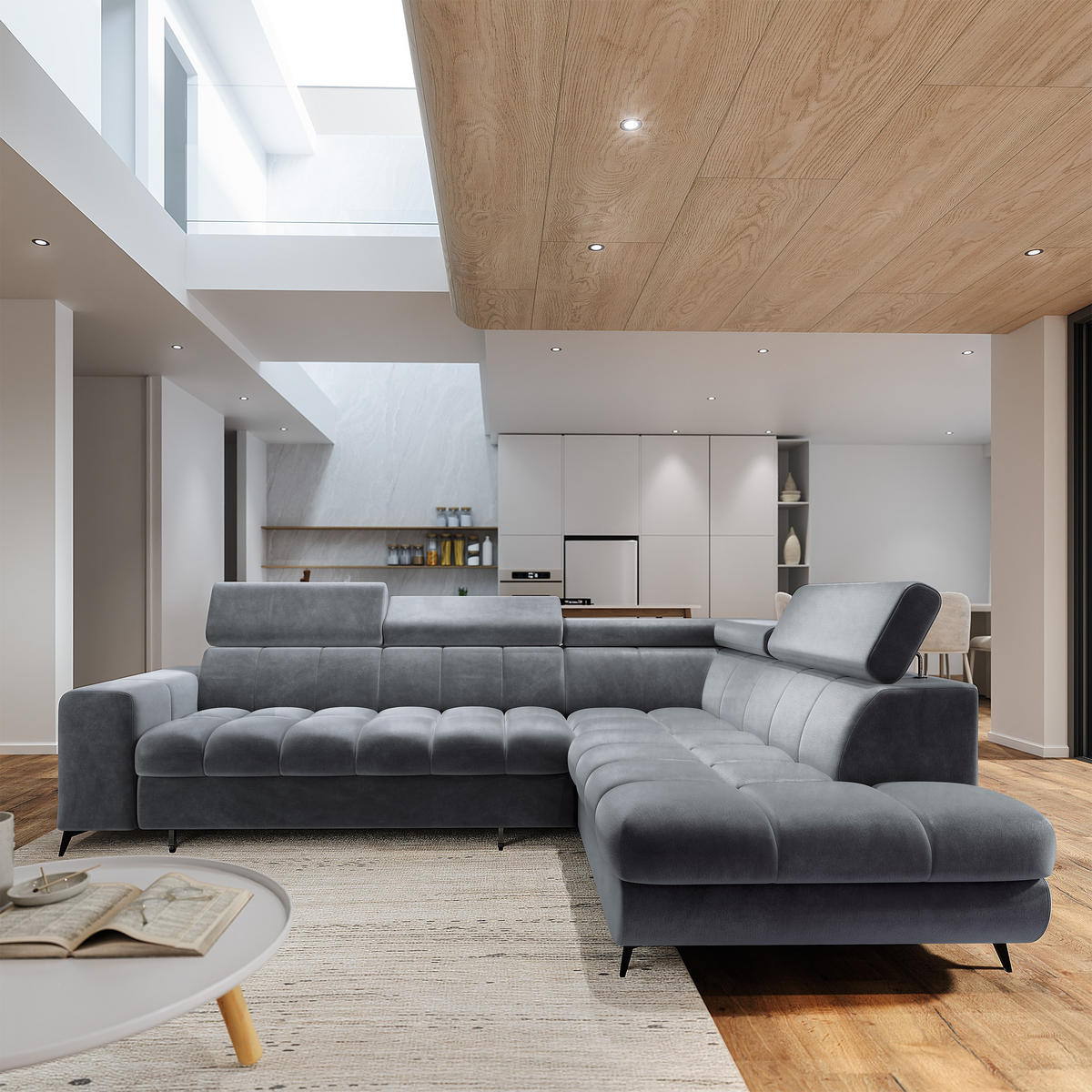 ECKSOFA MORIVA R-S Grau Velours-Stoff mit Schlaffunktion - Grau, Holz (253/190cm) - MASSENO