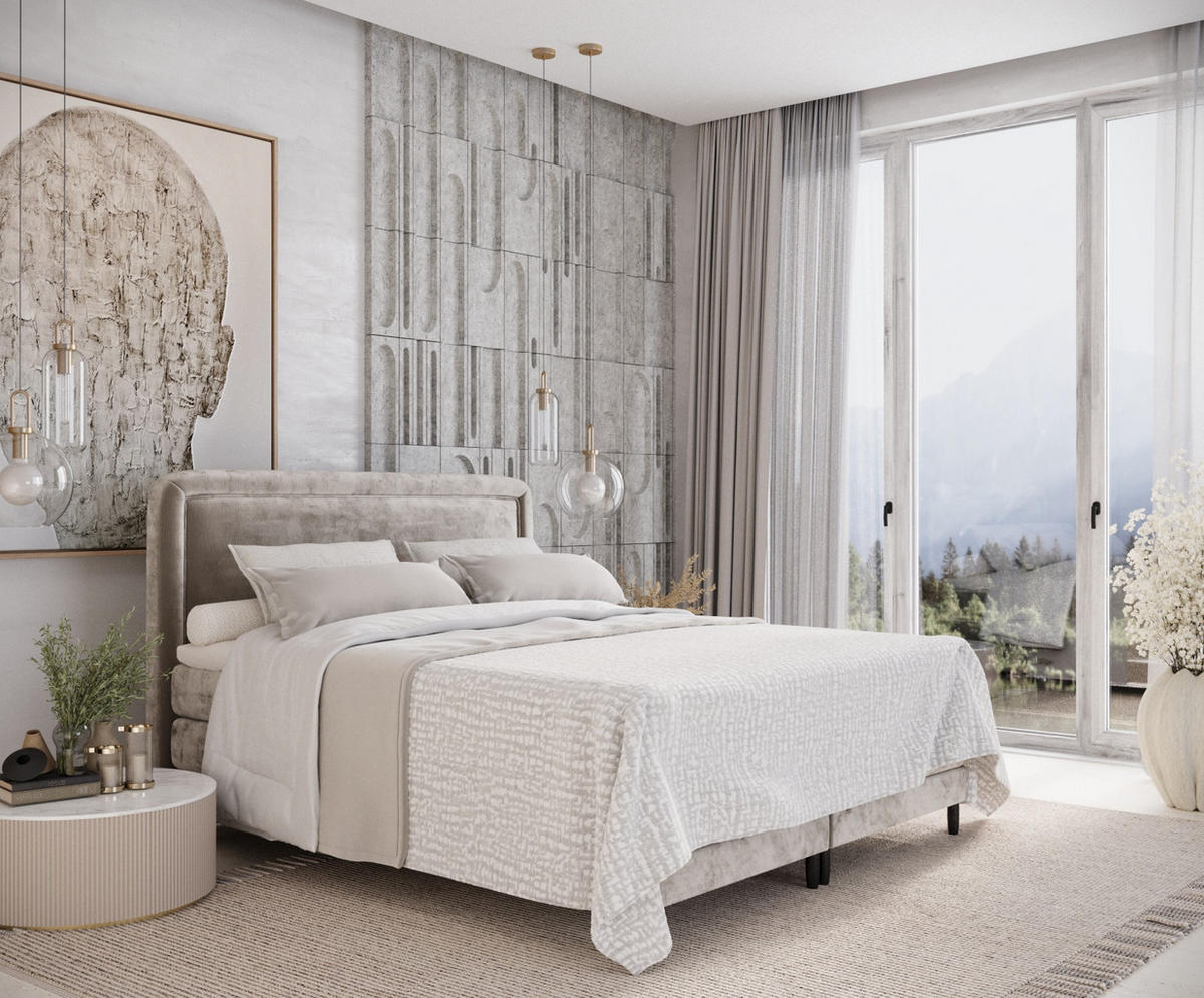 BOXSPRINGBETT Dove Beige 160/200 cm mit Matratzen und Topper - Beige/Schwarz, Holz/Holzwerkstoff (160/200cm) - Maison de Reve