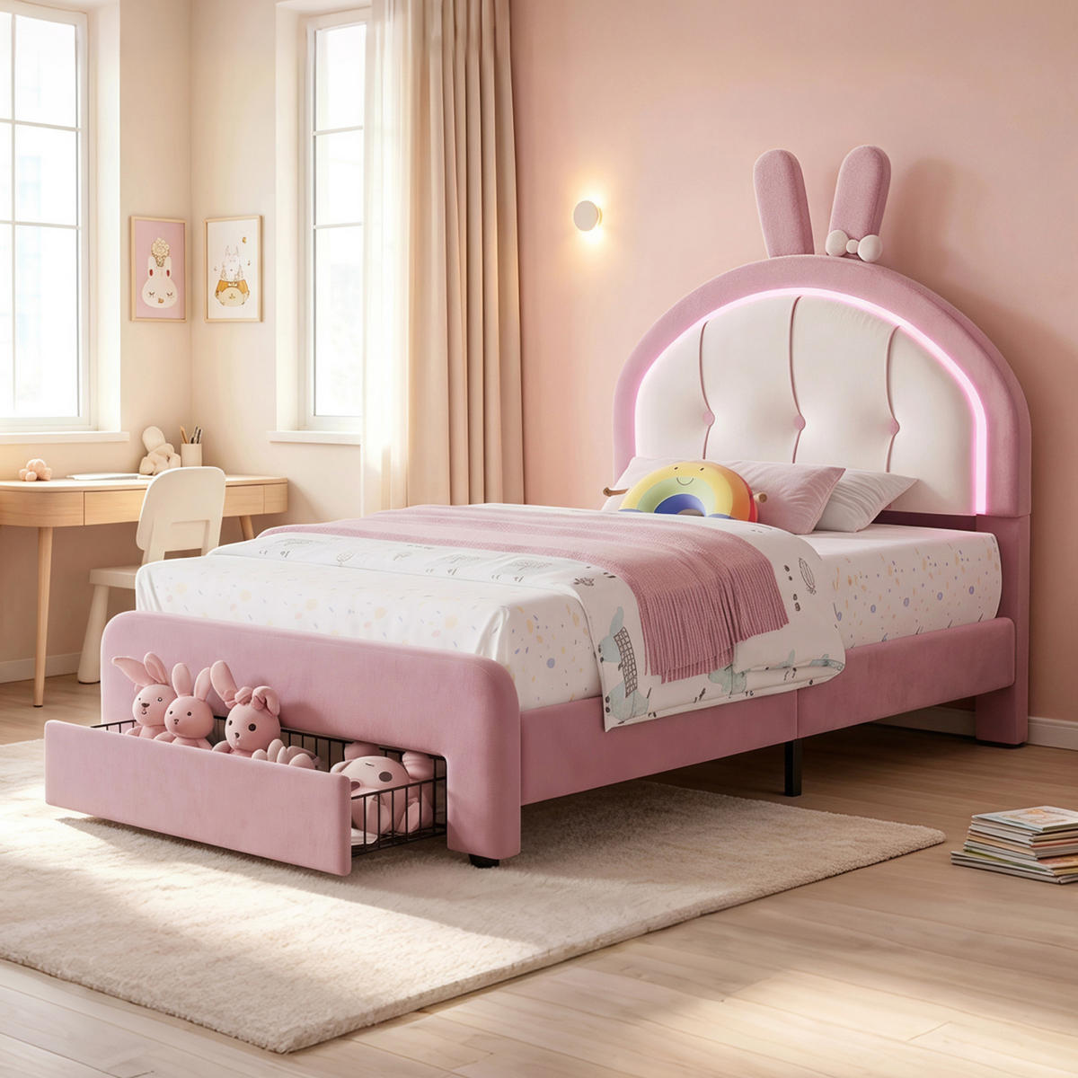 KINDERBETT 90x200 cm mit LED-Beleuchtung und Schubladen, Hasen-Kopfteil, höhenverstellbar, Samtstoff - Rosa, Holz/Metall (90/200cm) - GENKI LIVING