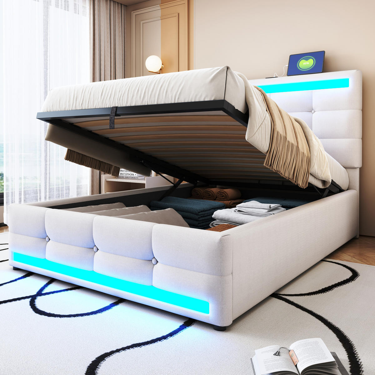 POLSTERBETT 90/200 cm Beige mit LED-Beleuchtung und USB-Anschlüssen - Beige, Textil (90/200cm) - Flora Grace