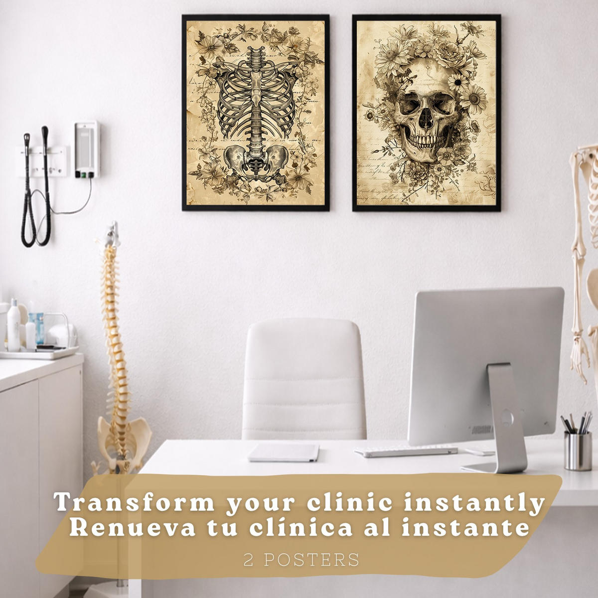 POSTER Set aus 2 Anatomie Mensch Drucke und Wandbilder mit Schädel Wirbelsäule Rippen Becken Klassisches Vintage Design Größe Schwarzer Rahmen A4 - Schwarz, Papier (21/29.7/3cm) - Nacnic