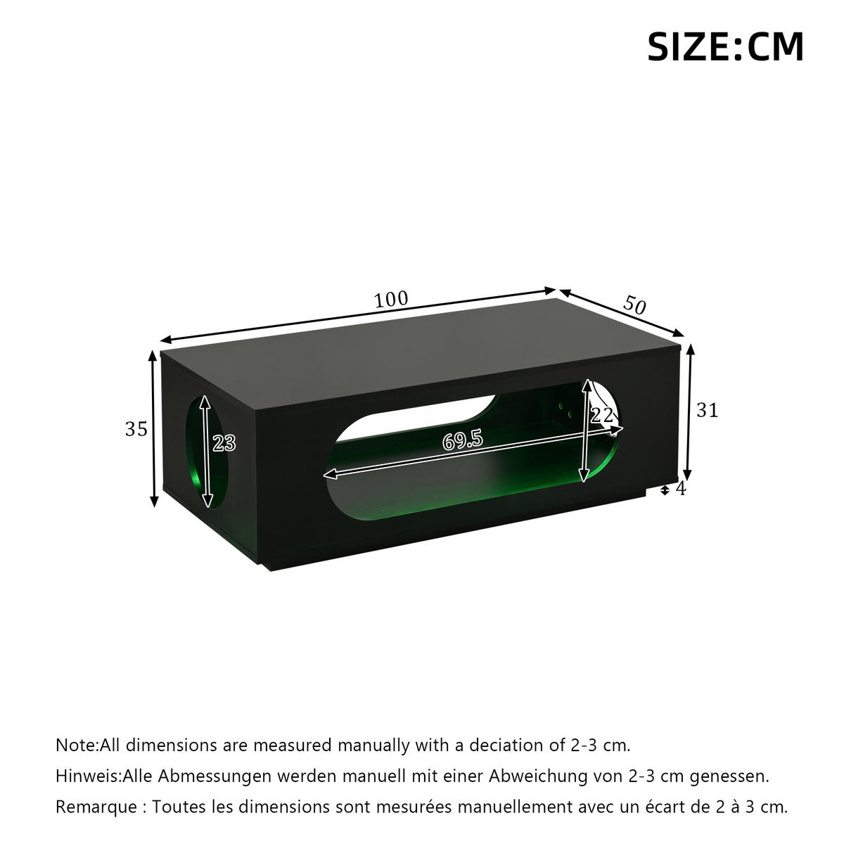COUCHTISCH LED App-Steuerung Schwarz 100x50x35cm MDF 30kg Stauraum - Schwarz, Holzwerkstoff (100/50/35cm) - FLIEKS