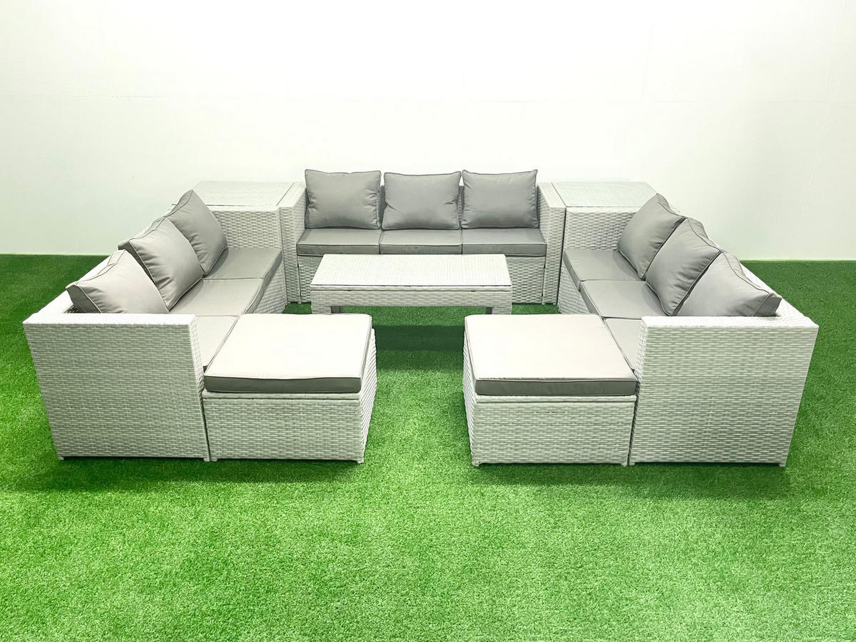 BALKONMÖBEL-SET Polyrattan Hellgrau-Mix 11-teilig - Hellgrau/Grau, Glas/Kunststoff - Fimous