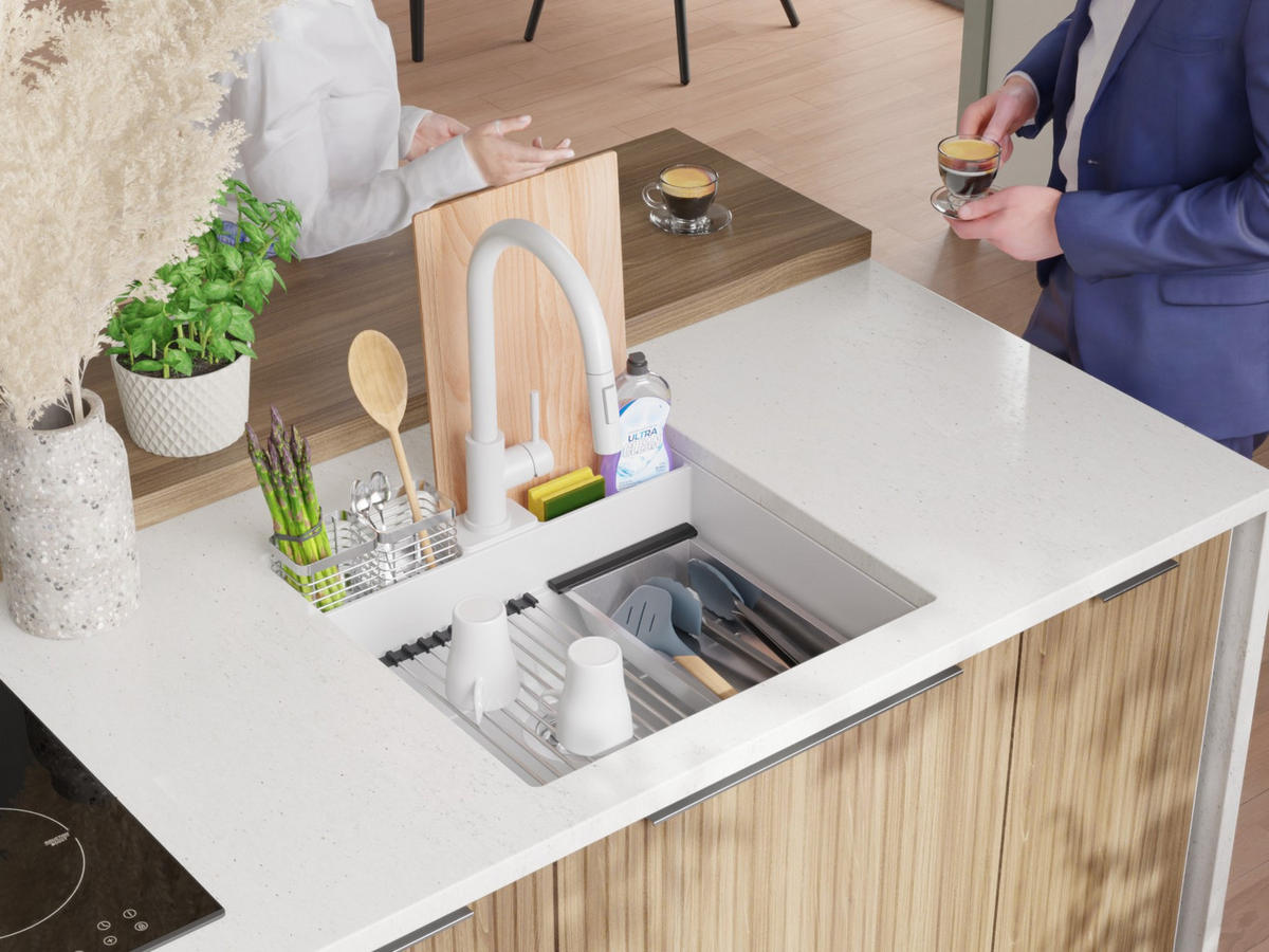 UNTERBAUSPÜLE GRANIT Bergen Pocket, 2-er set Weiß 56/54 cm 1 Becken + Ablauf-Set + Küchenzubehörset ab 60er Unterschrank - Chromfarben/Beige, Kunststoff (56/20/54cm) - Primagran