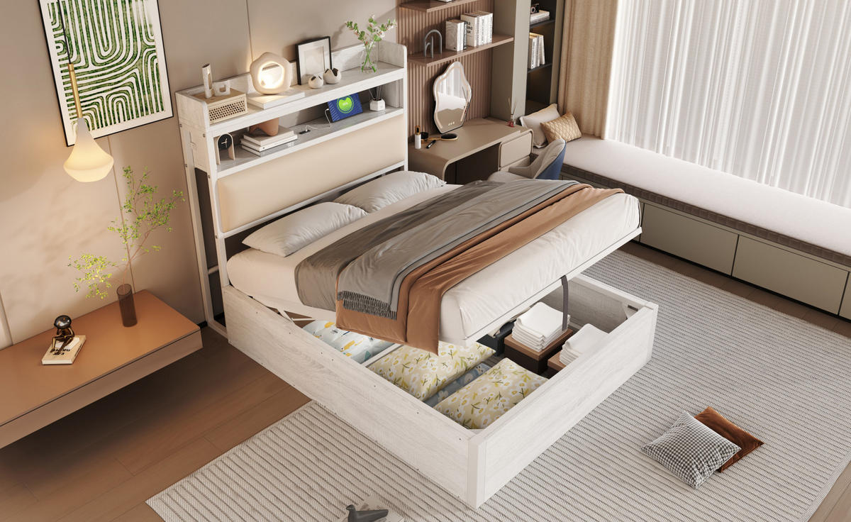 POLSTERBETT 90/200 cm Weiß aus Metall, Stoff und MDF mit Stauraum - Weiß, Metall (90/200cm) - OKMYHOME