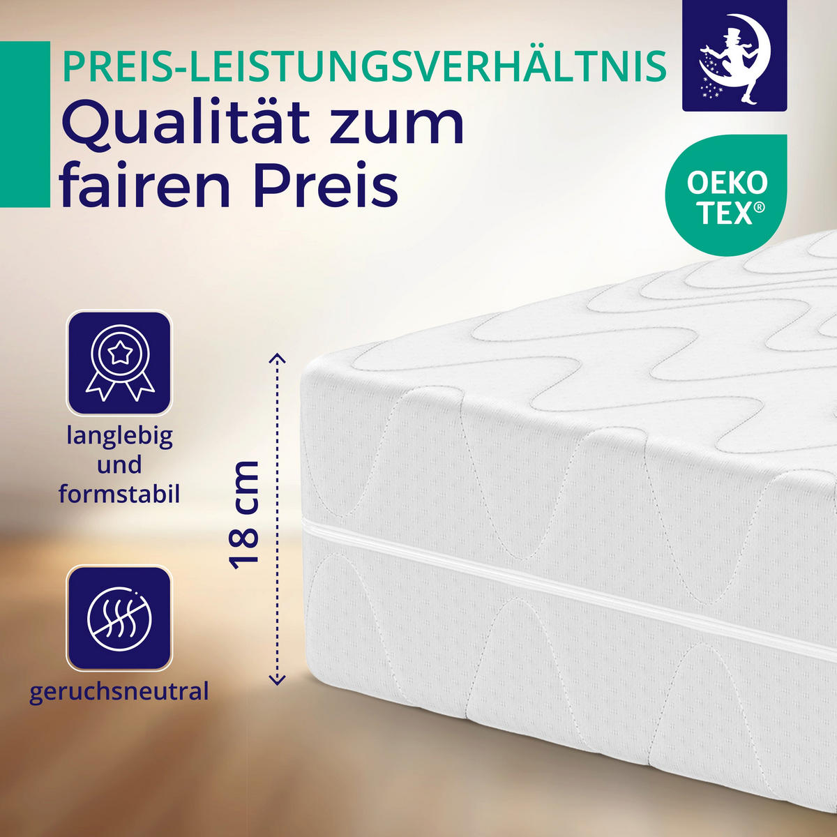 MATRATZE H2 140x200 cm – 7 Zonen Federkernmatratze 18 cm – Kaltschaum Komfortpolsterung – atmungsaktive Matratze mit waschbarem Bezug - Weiß, Textil (140/200cm) - Mister Sandman