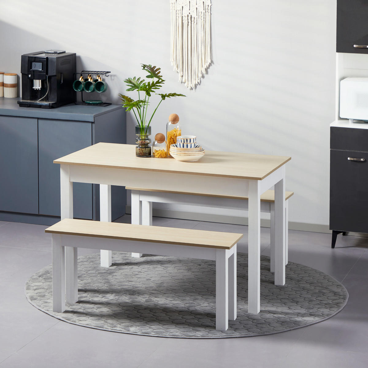3-TEILIGE Essgruppe mit 2 integrierten Bänken für 4-6 Personen, moderner Stil, Spanplatte - Eichefarben, Kunststoff (119/75/70cm)