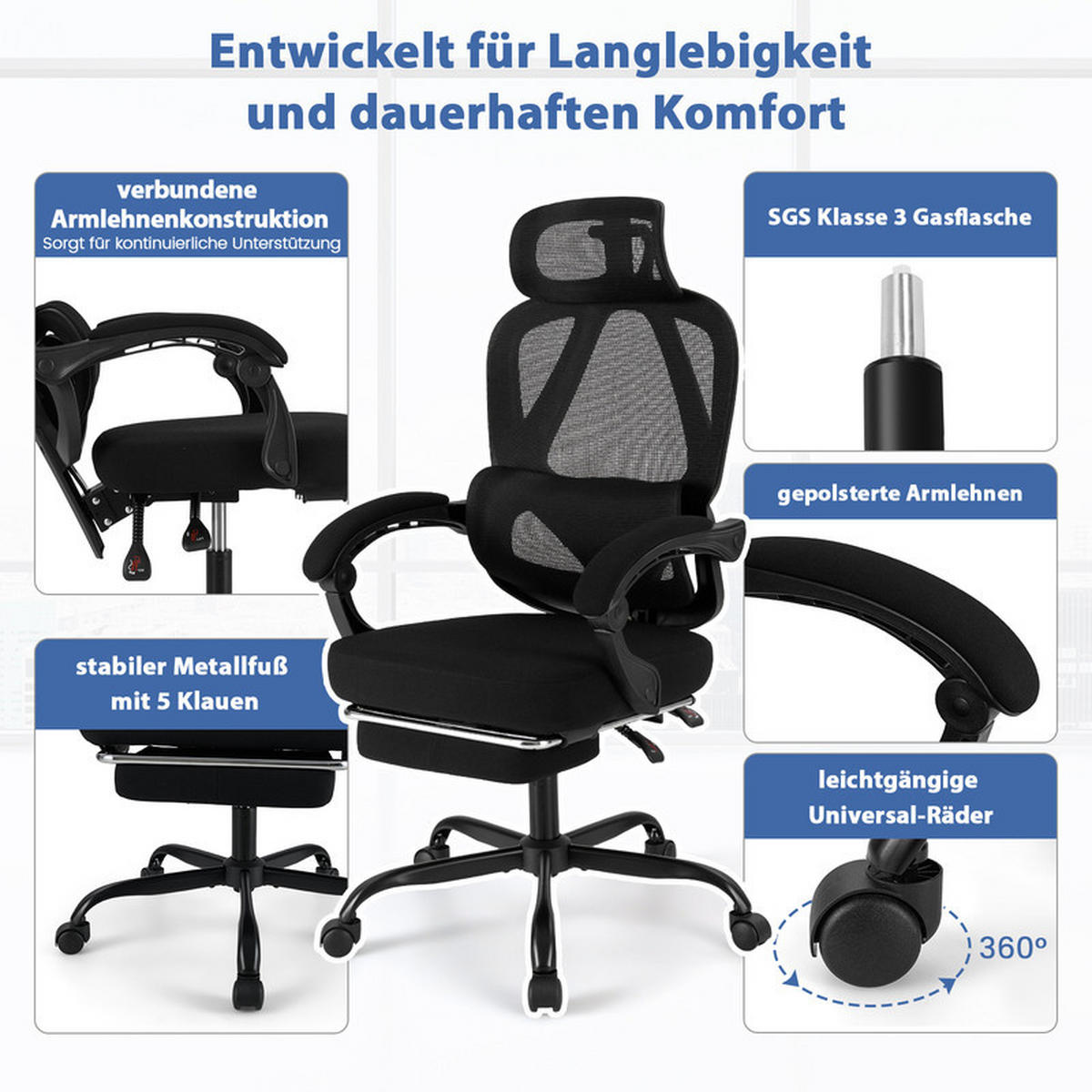 BÜROSTUHL mit ausziehbarer Fußstütze schwarz - Schwarz, Metall (70/114/70cm) - COSTWAY