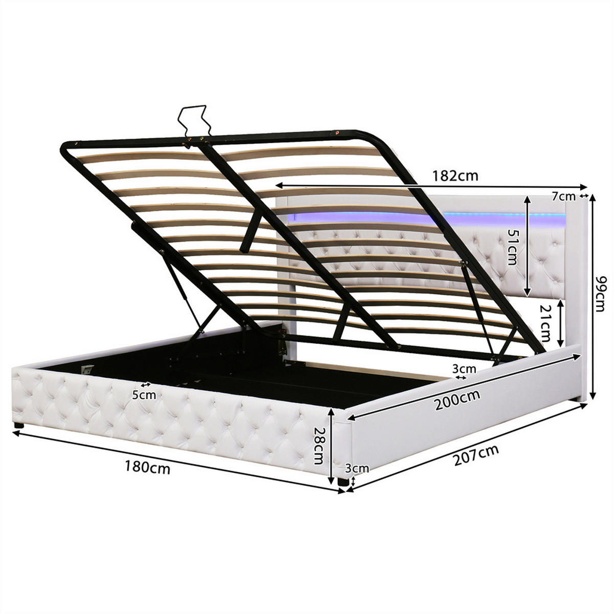POLSTERBETT 180/200 cm in Weiß PU mit LED-Beleuchtung - Weiß, Holz/Textil (180/200cm) - KOMHTOM