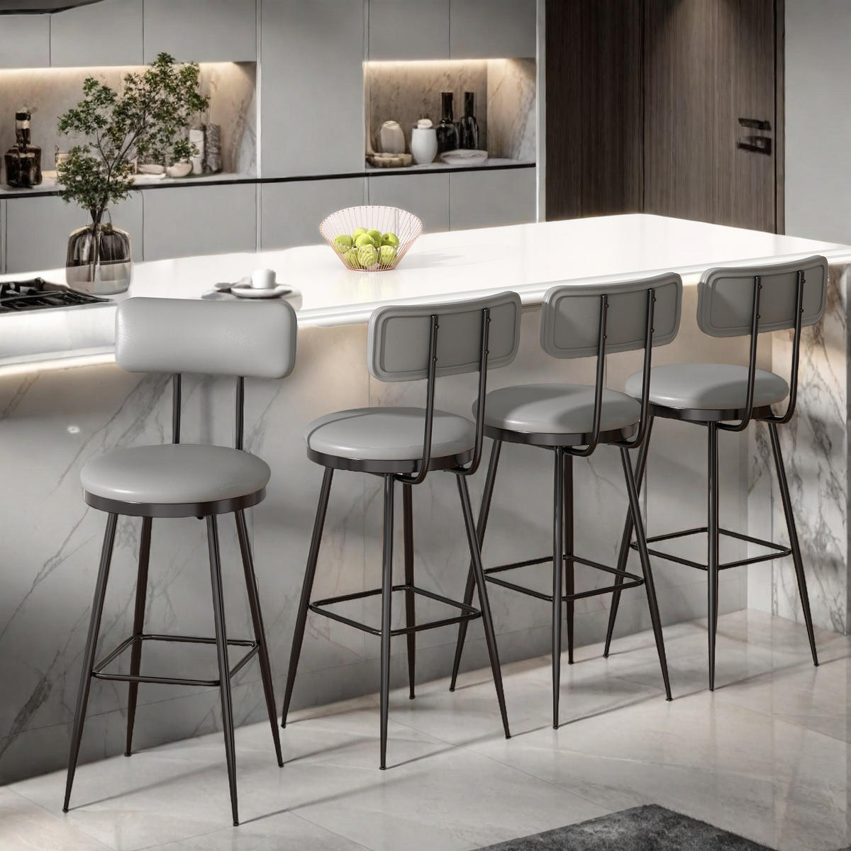 BARHOCKER 4er-Set Grau PU Leder - Dunkelgrau, Metall (39.7/85.5/38cm) - SHOPENTRA