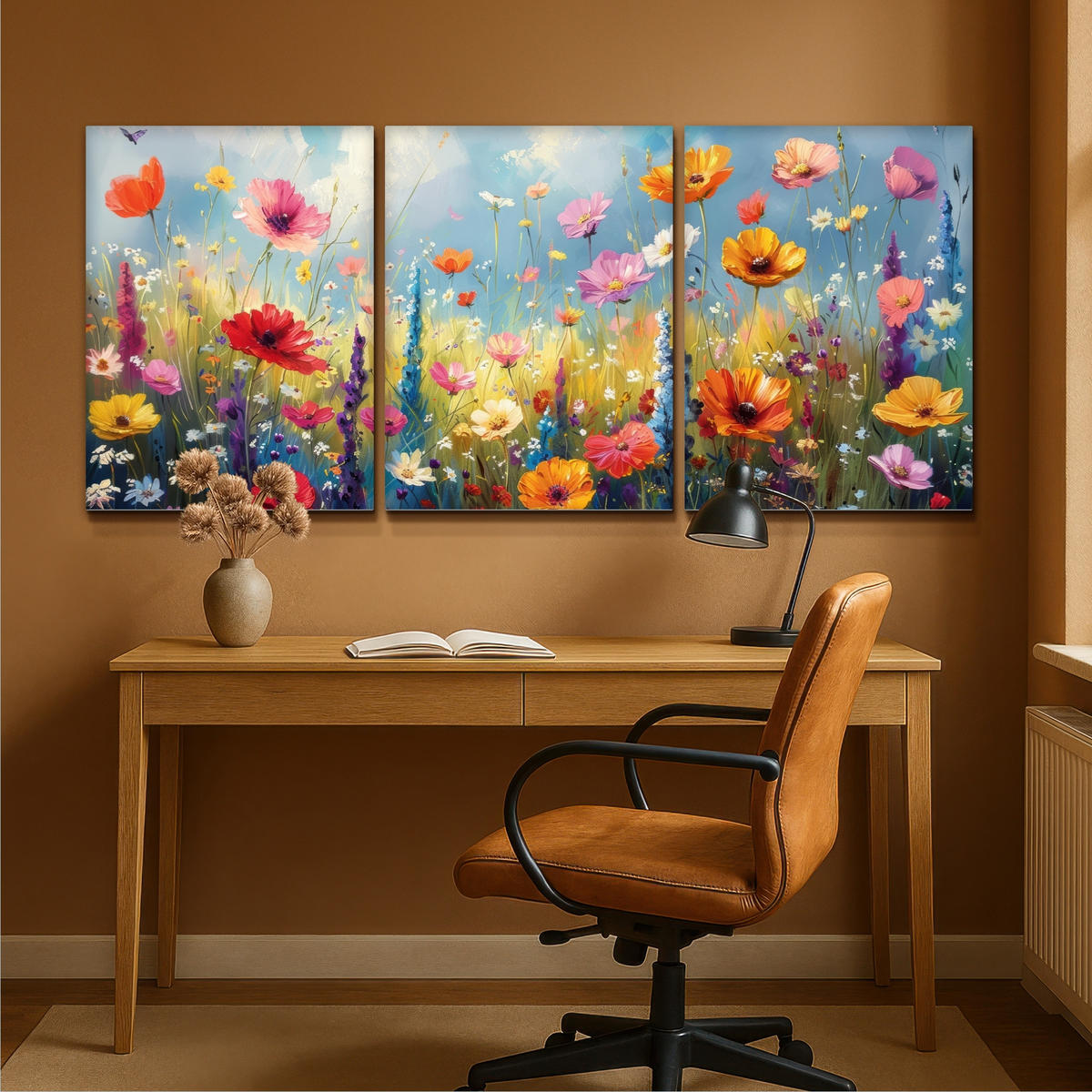 LEINWANDBILD 3er Set Blumen - Frühling - Farbenfroh - Sommerlich 180x80 cm - Orange, Textil (180/80cm) - MuchoWow