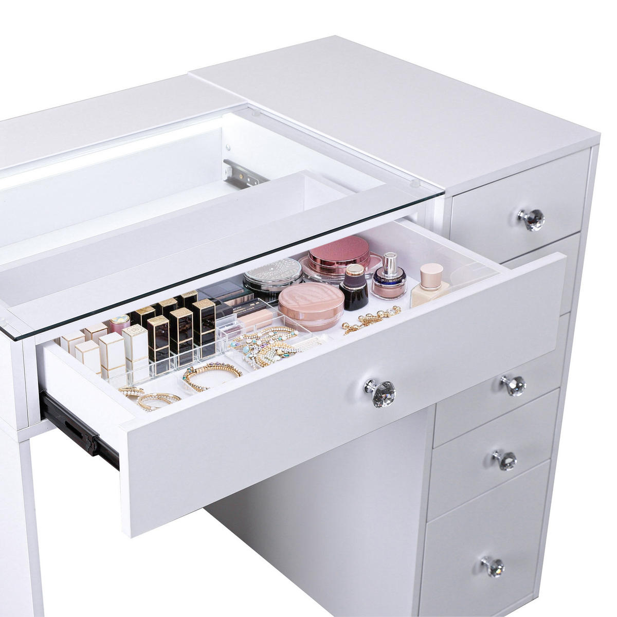 SCHMINKTISCH mit 6 Schubladen 92/55/81 CM und LED Beleuchtung Schminkspiegel 30 x 41 CM - Weiß, Holz (55/81/92cm) - VANITII