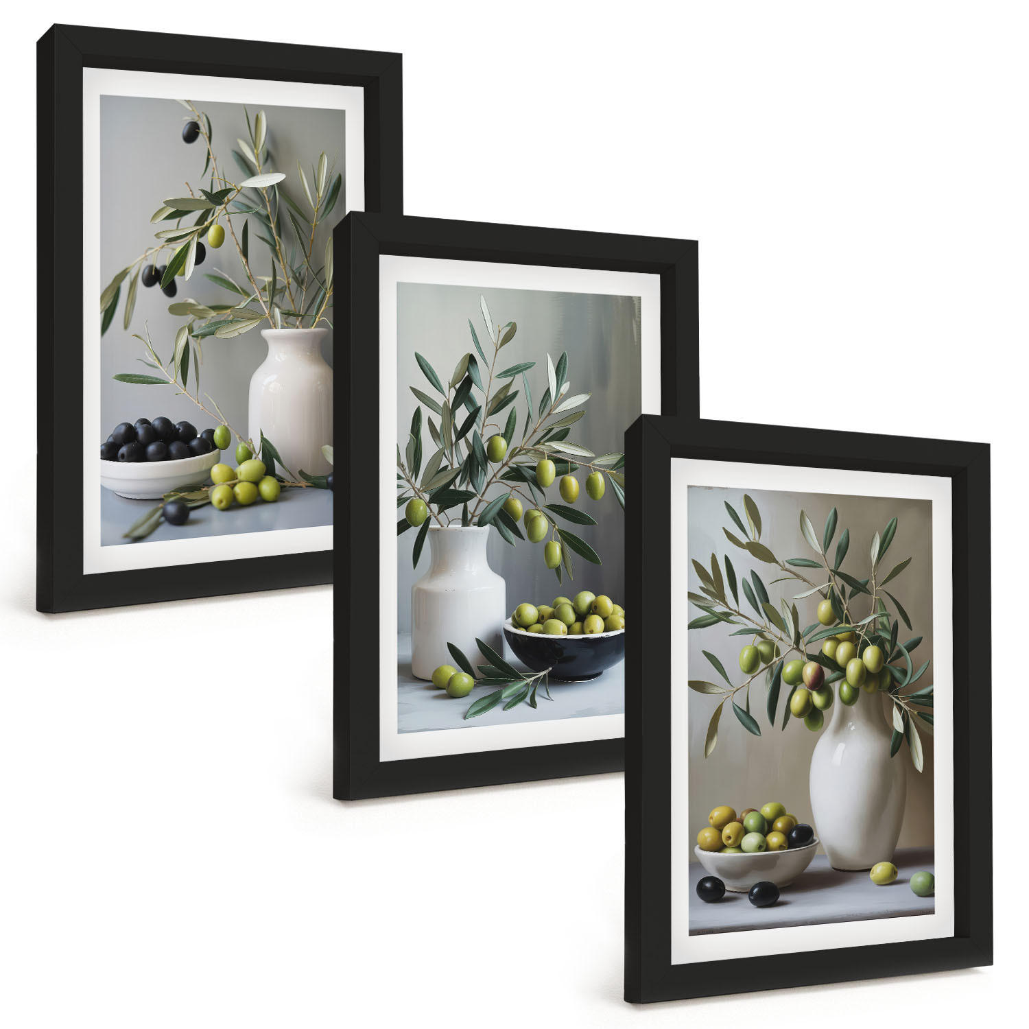BILDER SET 3er Set - 20x30 cm Schwarzer Rahmen - Oliven in grauen Vasen - Schwarz, Kunststoff (20/30cm) - TULUP