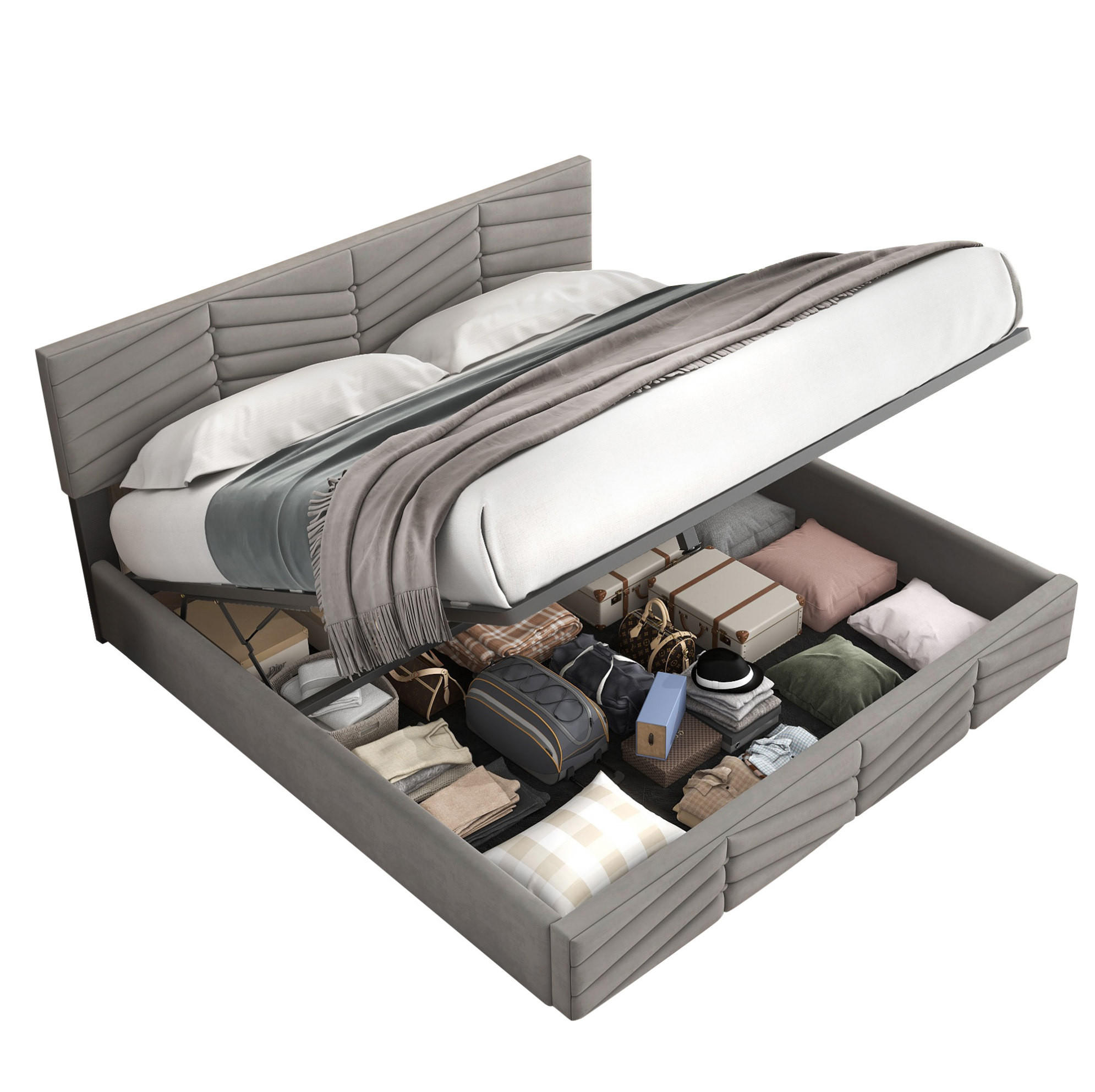 POLSTERBETT 140/200 cm Grau aus Samt mit Bettkasten - Grau, Textil (140/200cm) - OKMYHOME