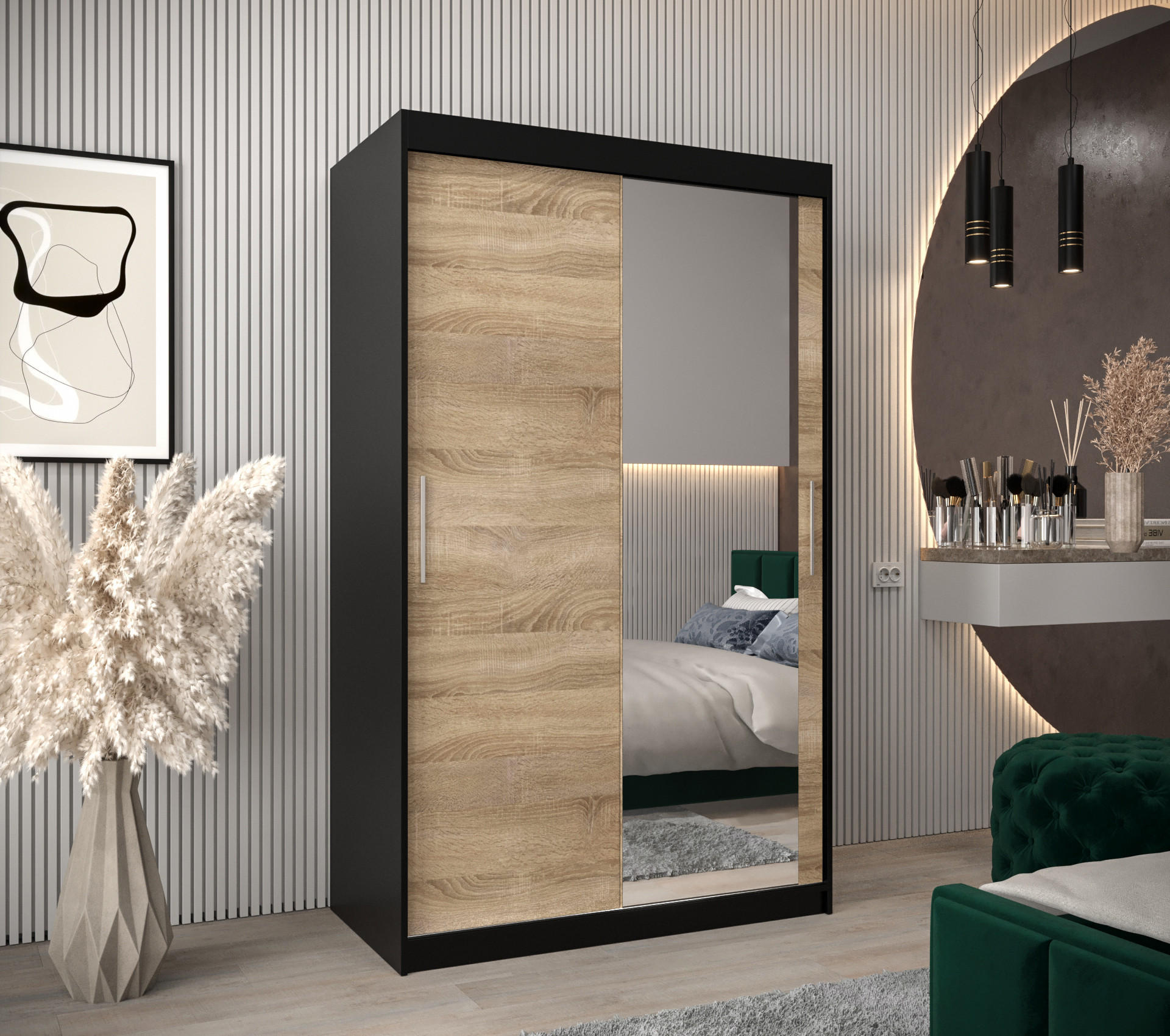 SCHWEBETÜRENSCHRANK 200/120/62 2-türig - Silberfarben/Schwarz, Holz/Kunststoff (120/200/62cm) - Abiks Möbel