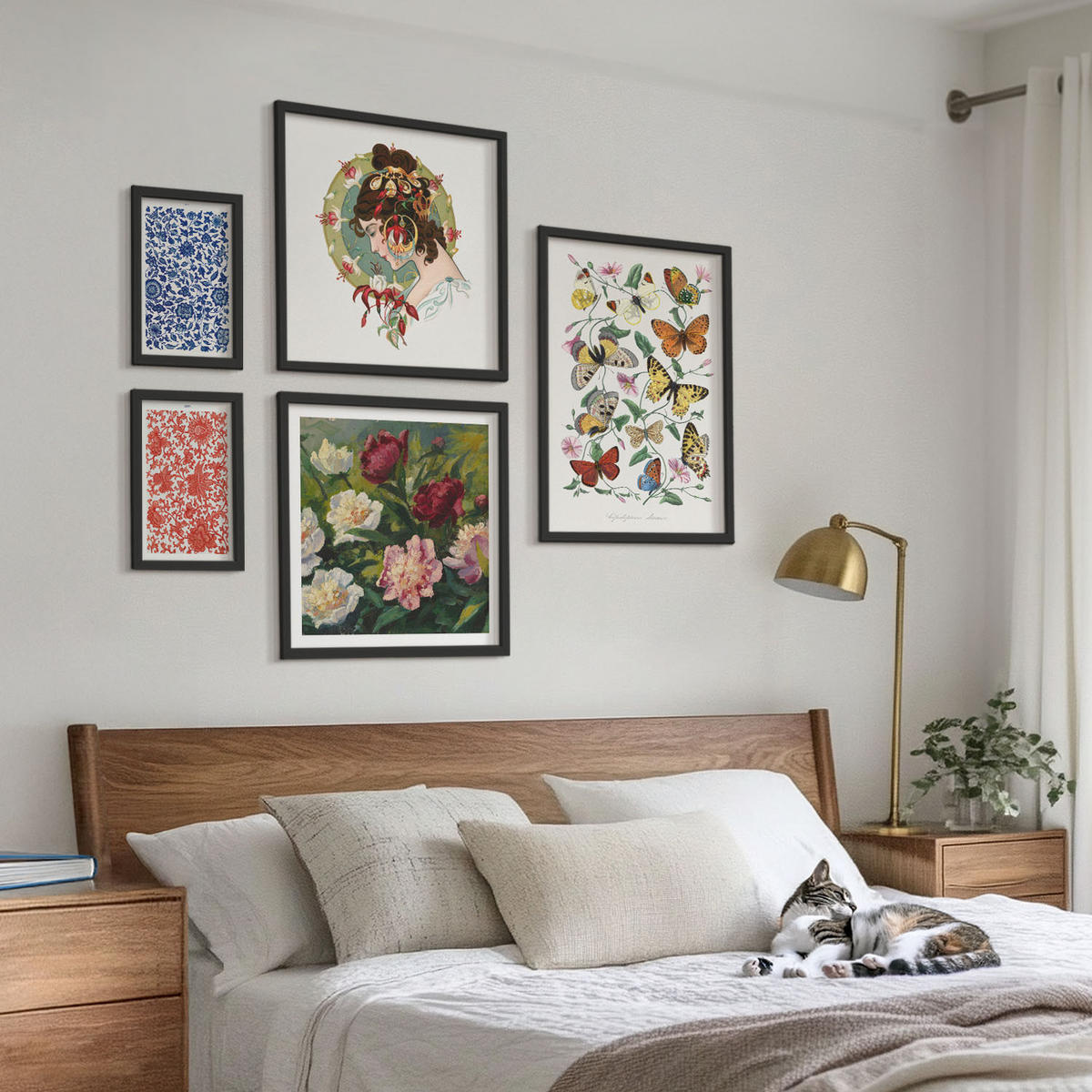 BILDER SET 5er Set - 50x50 cm & 20x30 cm & 40x60 cm Schwarzer Rahmen - Vintage-Blumen-Schmetterlings-Ornamente - Schwarz, Kunststoff (40/60cm) - TULUP