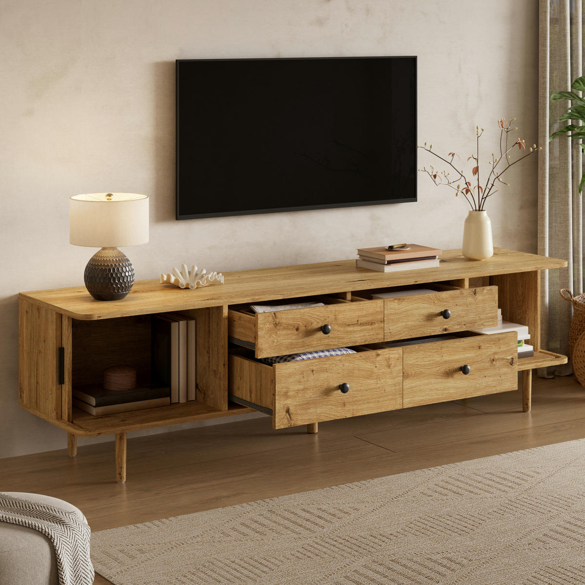 TV-LOWBOARD 165cm mit 4 Schubladen und 2 Schiebetüren - Naturfarben, Holzwerkstoff (165/46/40cm) - FLIEKS