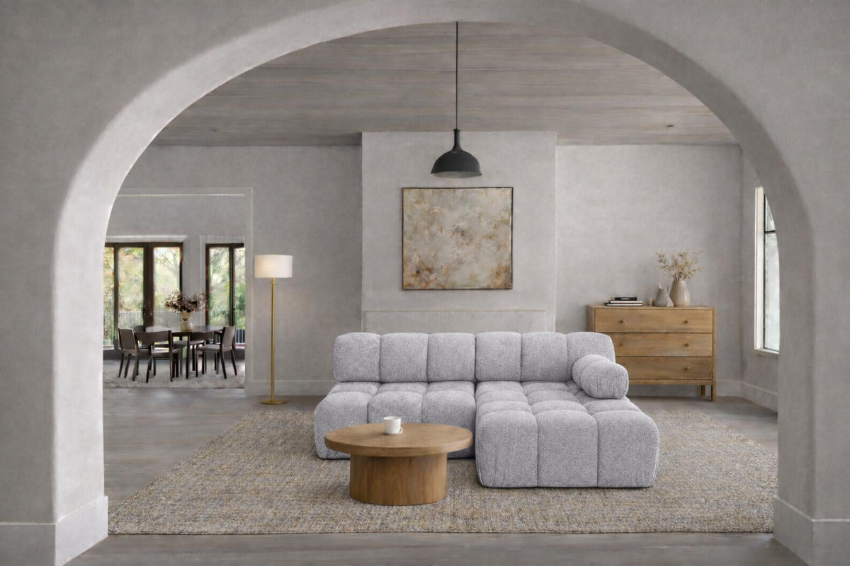 ECKSOFA L-Form Mini II Modular, Bouclé-Stoff Abriamo, Hellgrau, Rechts, Selia - Hellgrau, Holz (190/160cm) - Kaiser Möbel