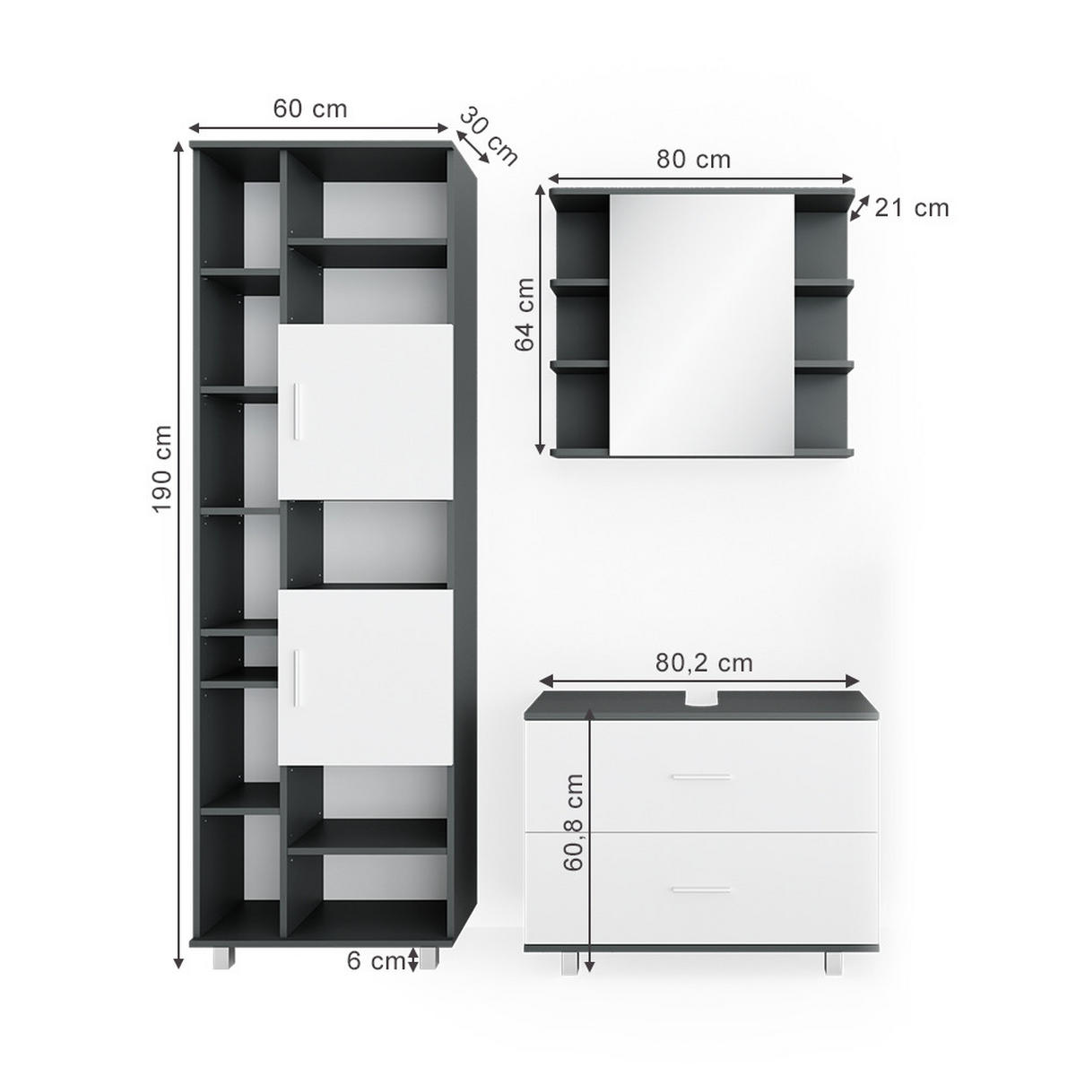 BADMÖBEL-SET Ilias Weiß/Anthrazit 3 Teile, mit Hochschrank - Anthrazit/Weiß, Holzwerkstoff (80.2/60.8/33cm) - Vicco