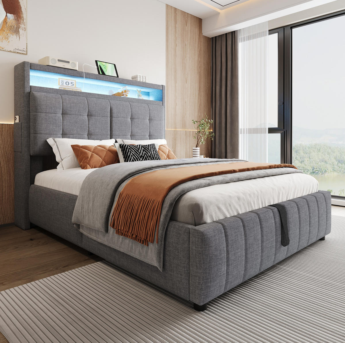 POLSTERBETT mit LED-Beleuchtung 140/200 cm mit Bettkasten und gepolstertem Kopfteil - Grau, Textil (140/200cm) - BEAOK