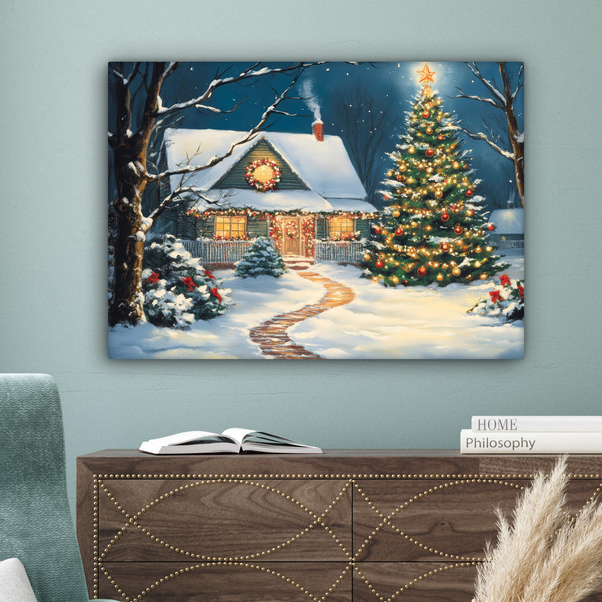 LEINWANDBILD Weihnachten - Weihnachtsbaum - Winter - Zuhause - Schnee Wandbilder 80x60 cm - Smaragdgrün, Textil (80/60cm) - MuchoWow