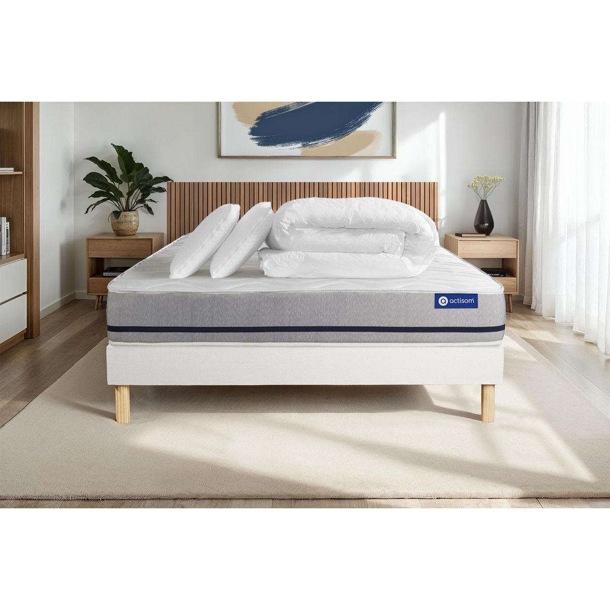 BETT Actiflex soft Taschenfederkern 140 x 190 cm h2 - Kit Bettgestell Weiß - Mit Kissen und Bettdecke - Beige/Weiß, Karton/Holz (140/190cm) - ACTISOM