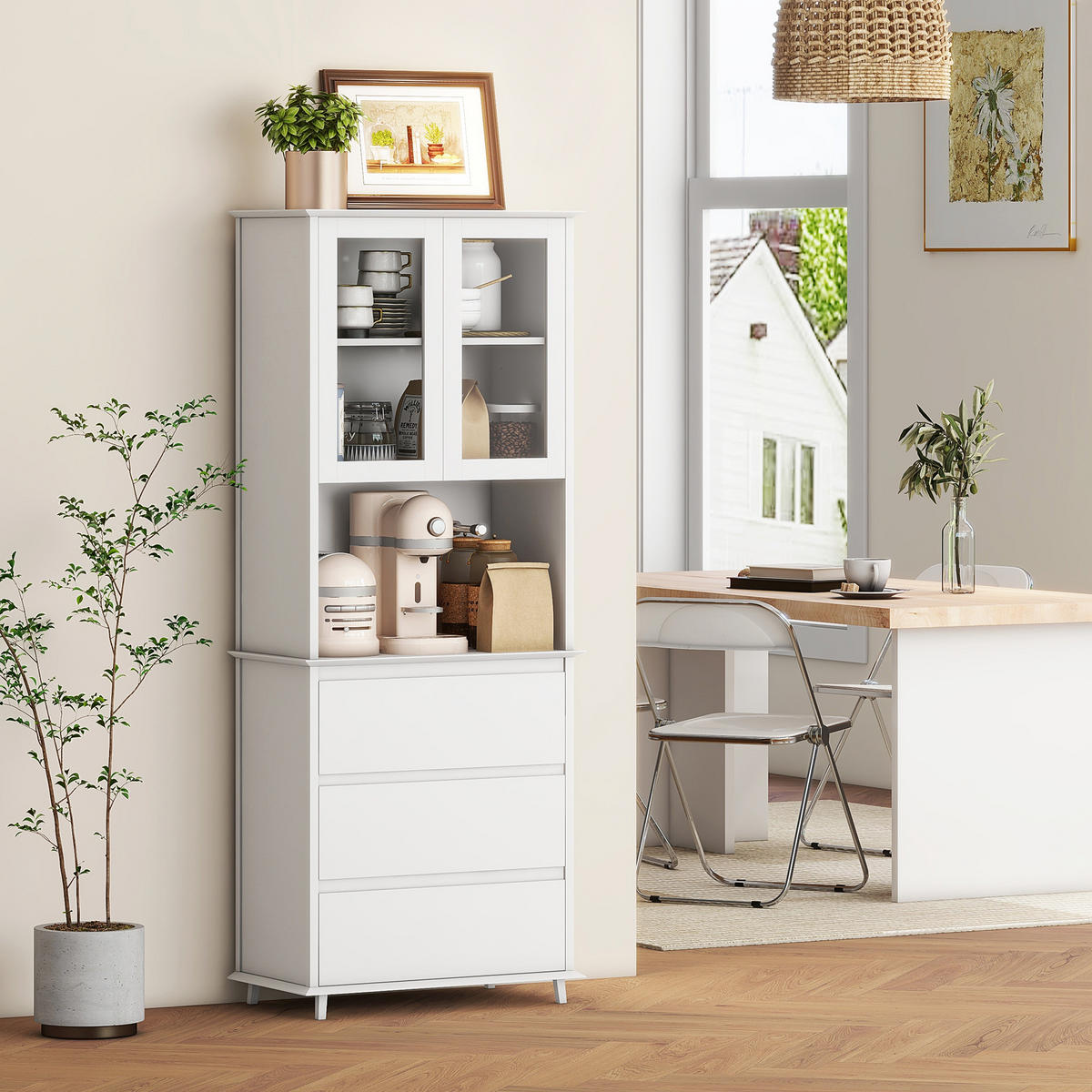 KÜCHENSCHRANK Weiß, 2 Glastüren, 3 Schubladen, 68/38/172 cm - Weiß, Holzwerkstoff (68/172/38cm) - PANGIVO