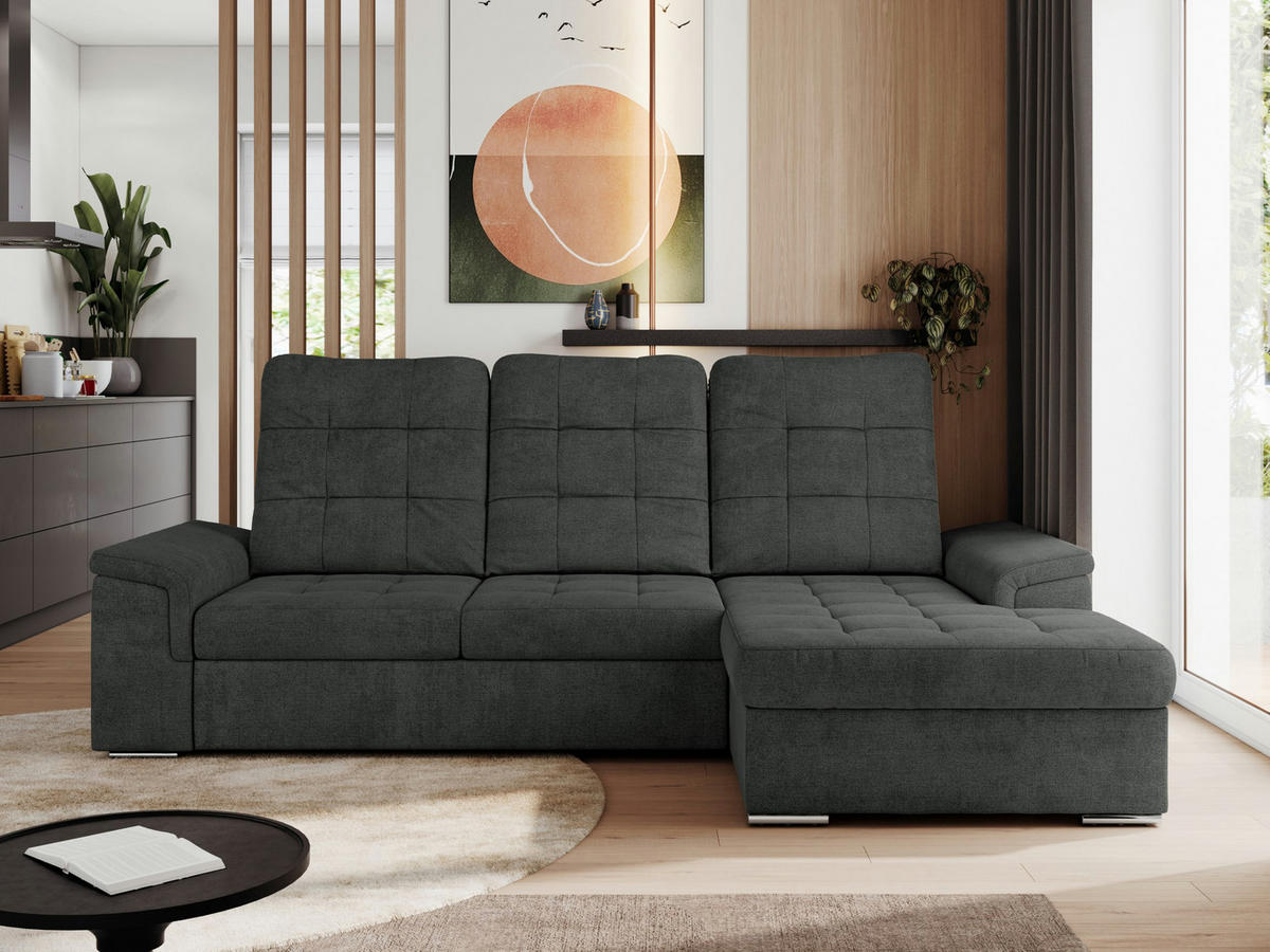 ECKSOFA MADRITO L - Dunkelgrau Struktur - Rechts - Dunkelgrau/Silberfarben, Textil/Metall (256/160cm)
