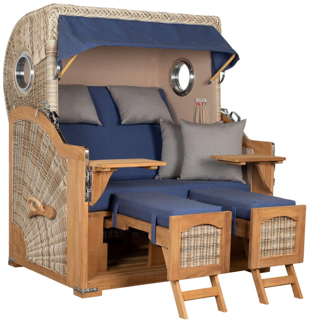 STRANDKORB XXL Düne Grande Teak PE Shell - Blau/Braun, Metall (142/170/95cm) - Mr. Deko