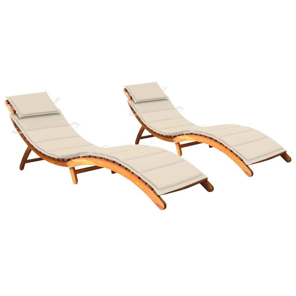 SONNENLIEGEN 2 Stk. mit Auflagen Massivholz Akazie - Creme, Holz (55/64/184cm) - furnicato