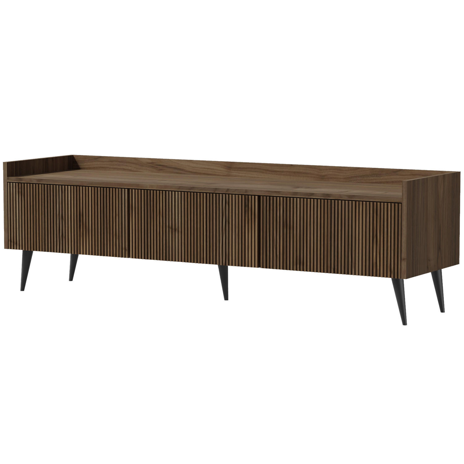 Beautysofa NÍZKÁ KOMODA Amfali se 3 výklopnými dvířky, drážkovaná čela, systém Push-to-open, kovové nohy, 150 cm, ořechová barva