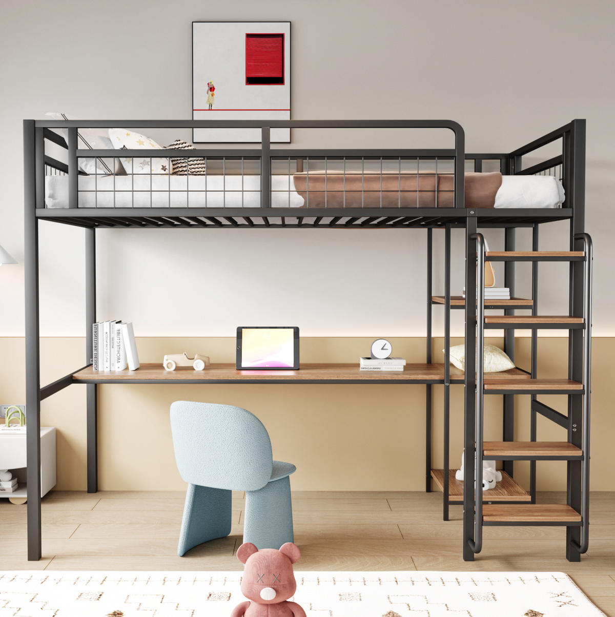 HOCHBETT 90/200 cm mit Schreibtisch, Regalen, Sicherheitsleiter und Metallgitter, Schwarz - Schwarz, Metall (90/200cm) - Redom