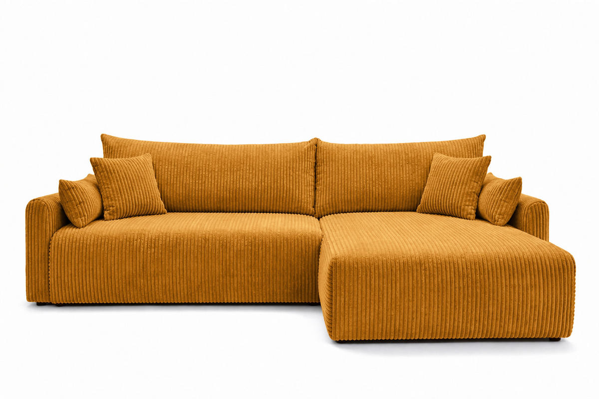 ECKSOFA Mit Schlaffunktion, Cordstoff Poso, Senffarbe, Rechts, JAPANDI - Gelb, Holz (262/145cm) - Kaiser Möbel