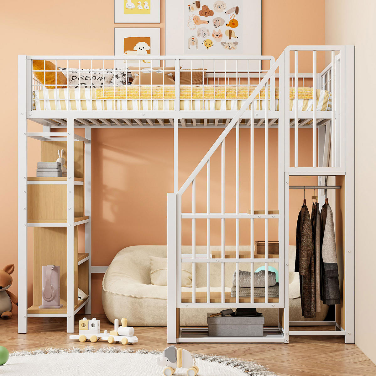 HOCHBETT 90/200 cm Weiß mit Stauraumtreppe und Stauraum - Weiß, Metall (90/200cm) - MIVRAY